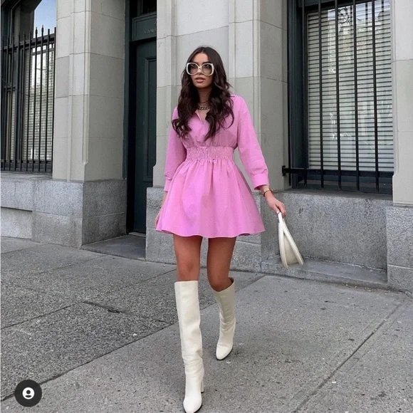 Zara collard v neck pink mini dress — smocked waist long sleeves skater dress - Picture 2 of 15